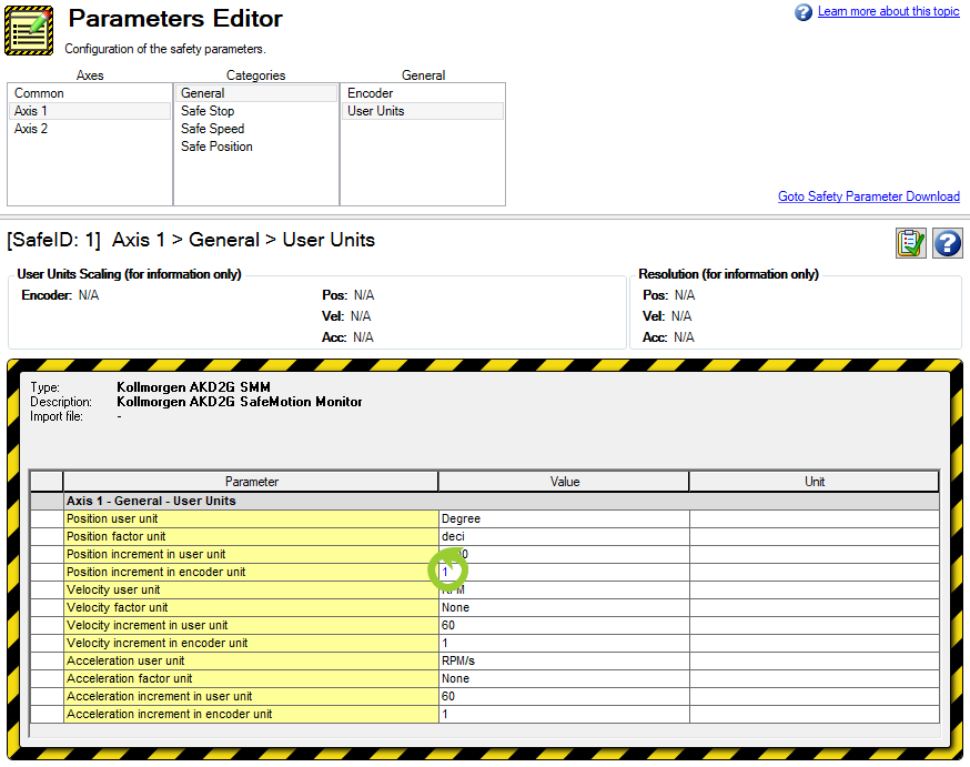 Parameters Editor with Position increment in encoder unit circled